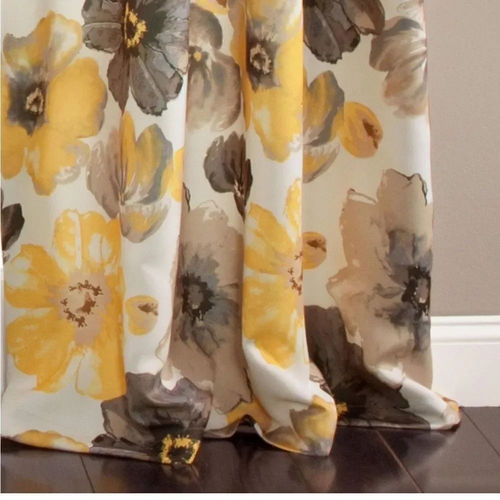 NWT New Half Moon Leah Yellow/White/Grey Floral Curtain Panels 52